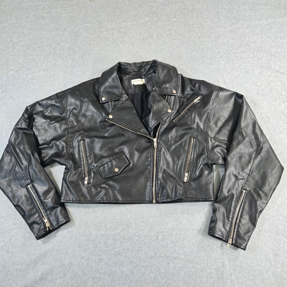 Lovers and Friends Black Faux Leather Cropped Moto Jacket Small Vegan Biker Edgy